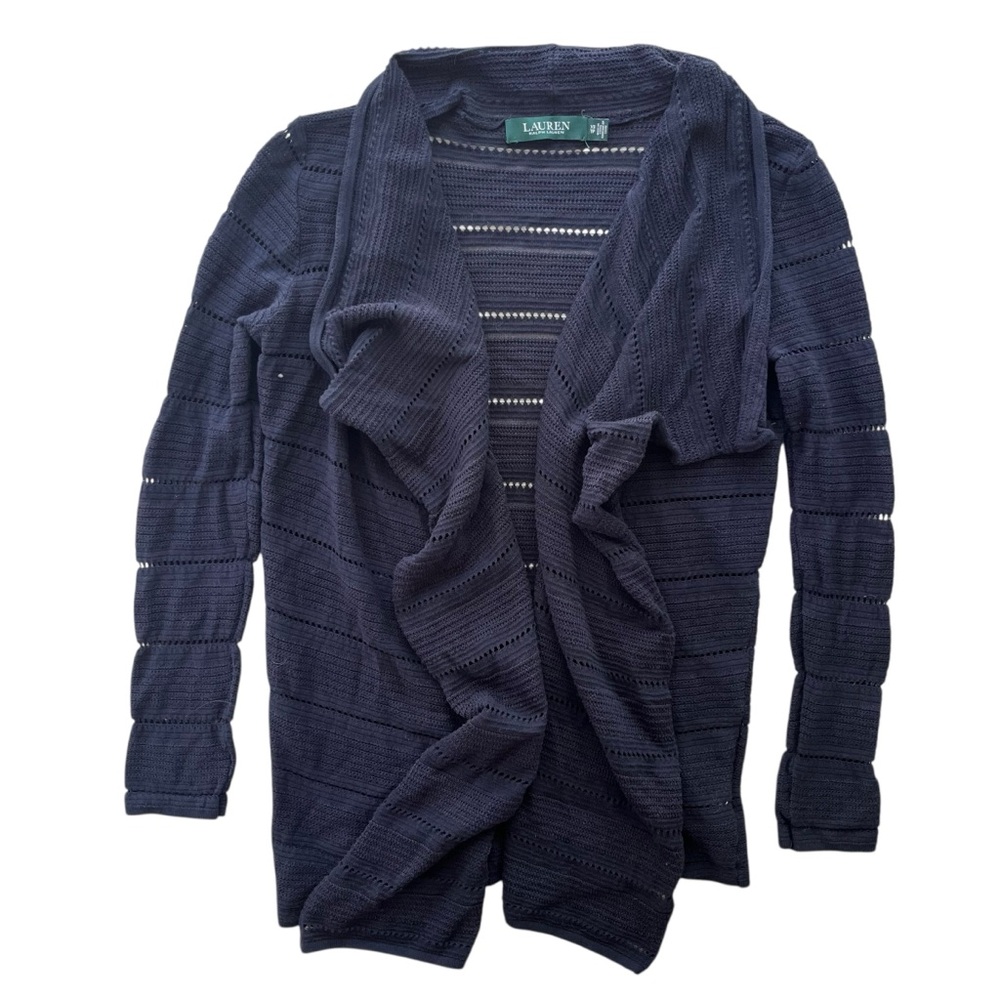 Lauren Ralph Lauren Women XS Navy Blue Cutout Open Knit Waterfall Drape Cardigan
